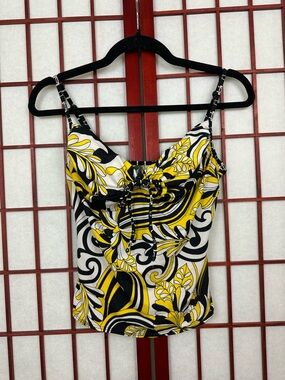 Y2K Yellow Black Paisley Psychedelic Tankini Swim Top Summer Vacation Travel